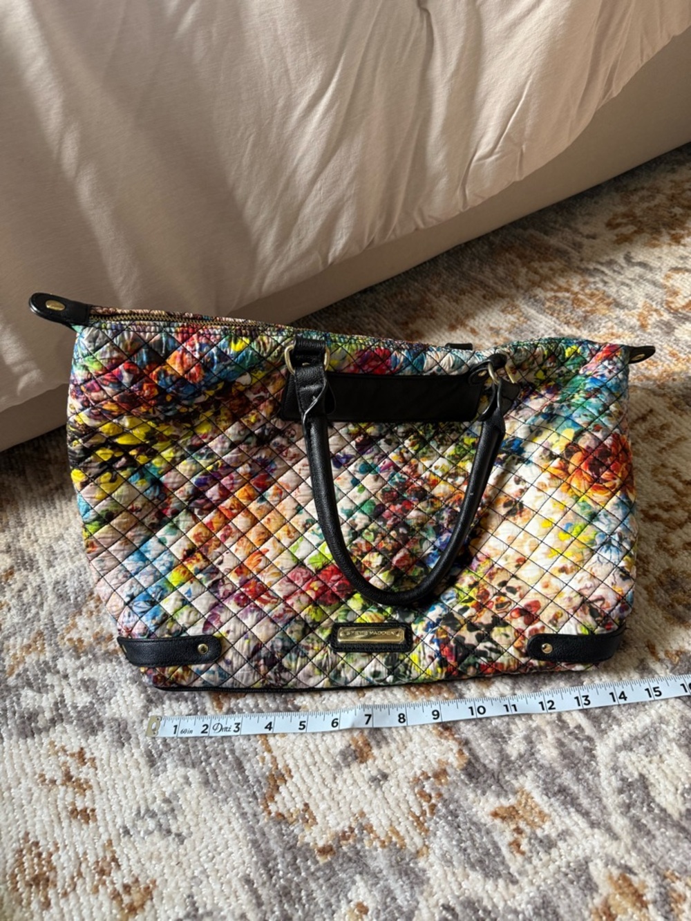 Steve Madden Quilted Multicolor Floral Tote with Black Trim